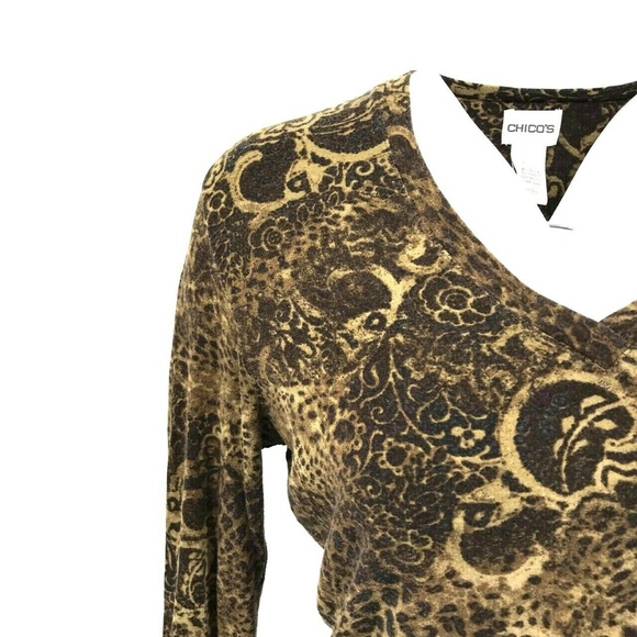 Chicos V Neck Long Sleeve Cheetah Paisley Top Sz 8 - Picture 2 of 6